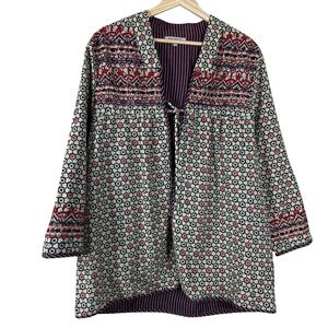 World Market Women's Cardigan Maroon‎ Geo Cotton Embroidered Open Boho Size L/XL